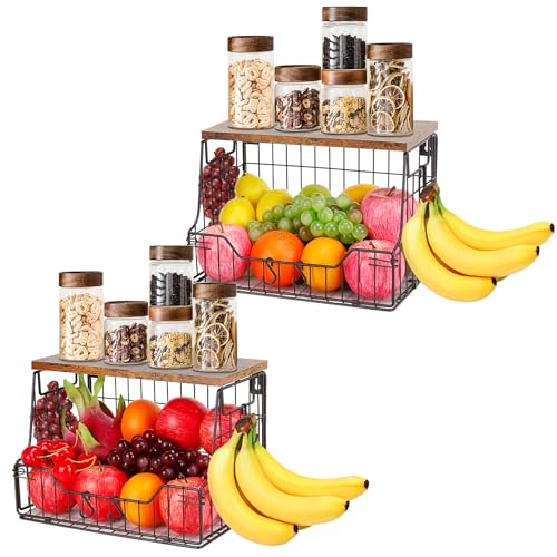 Livabber Fruit Basket for Kitchen, Metal Fruit Vegetable Storage Bin with 2 Banana Hangers, Countertop Wire Basket Organizer for Snack Potato Onion, Screw Mounted or Stand (Black, 2 Pack) - style: 2 Pack