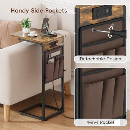 C Shaped End Table with Charging Station, Adjustable Height Side Table for Couch, Small Sofa Table with Storage Bag, Slide Under Sofa TV Tray Snack Arm Tables for Living Room, Bedroom, Brown - color: Rustic Brown, style: With Plug