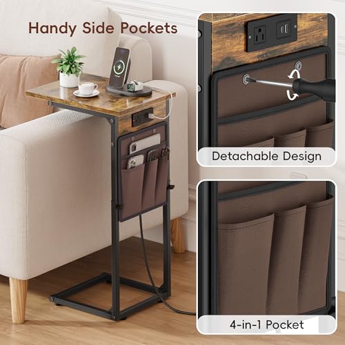 C-Shaped End Tables Set of 2 with Charging Station, 33'' Tall C Table Adjustable Height Side Table, Sofa Table for Couch, Couch Table that Slide Under Sofa, TV Trays for Living Room, Brown - color: 2pc Rustic Brown, style: With Plug
