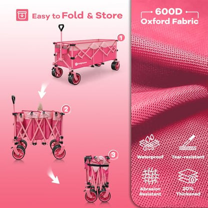 Originsure 300L Collapsible Beach Wagon Cart with Big Wheels, 560lbs, Pink | 48" Foldable Utility Wagon,7" All-Terrain Wheels,Heavy Duty Frame,Compact&Space-Saving,for Camping,Sports,Grocery,Garden - color: Pink