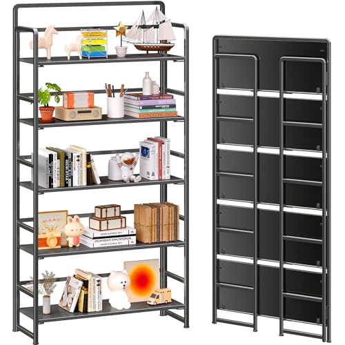 4NM No Assembly Extra Wide 5 Tiers Folding Bookshelf Storage Shelves Vintage Bookcase Standing Racks Study Organizer Home Office (All Black) - color: All Black, size: Wide 5 Tiers