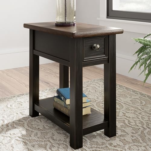 Signature Design by Ashley Narrow Chairside End Table with Charging Station | Smooth-gliding remote drawer, Lower display shelf, Rustic 2-tone finish, Tyler Creek Series - color: Black