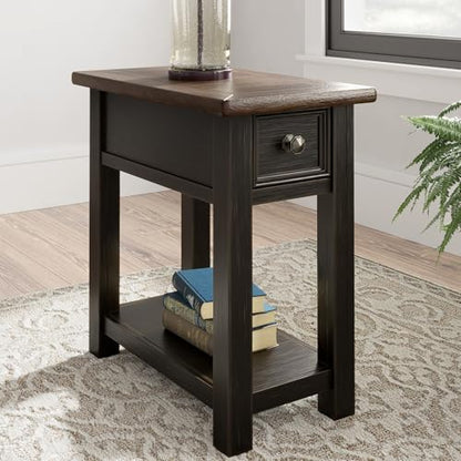 Signature Design by Ashley Narrow Chairside End Table with Charging Station | Smooth-gliding remote drawer, Lower display shelf, Rustic 2-tone finish, Tyler Creek Series - color: Black