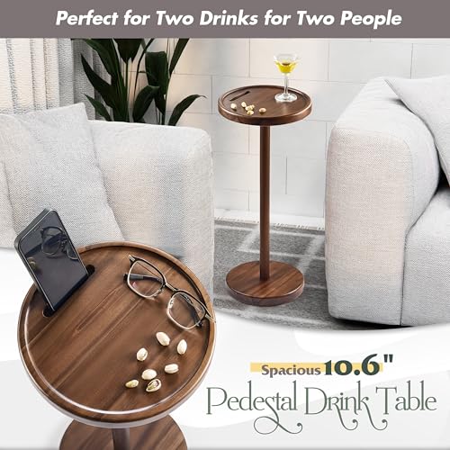 BLUEWEST Drink Table, 24.4" Tall Compact Side Table with Phone Slot and Weighted Base, Durable Pedestal Table Accent for Living Room (Flat, Walnut) - color: Large Walnut