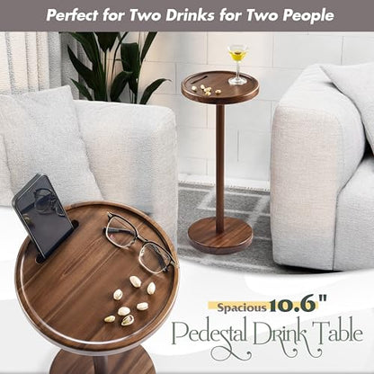 BLUEWEST Drink Table, 24.4" Tall Compact Side Table with Phone Slot and Weighted Base, Durable Pedestal Table Accent for Living Room (Flat, Walnut) - color: Large Walnut