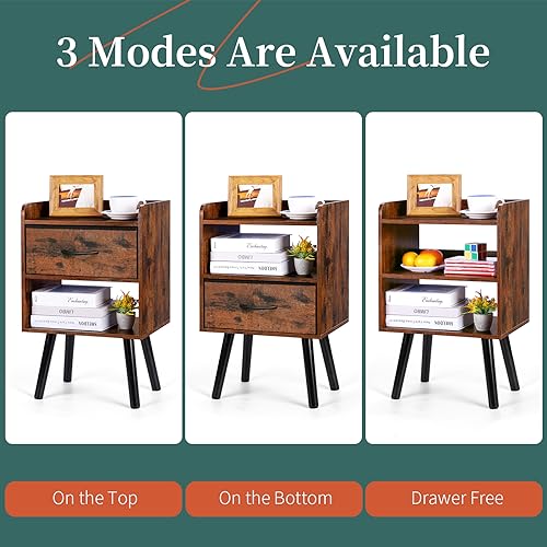 Yoobure Night Stand with Fabric Drawer, Modern Nightstand, Bedside Tables, Mid Century Nightstands with Open Storage Shelf, Wood Bedside Table, Small Night Stands for Bedrooms, 2-Tier Night Table - color: Berry Brown