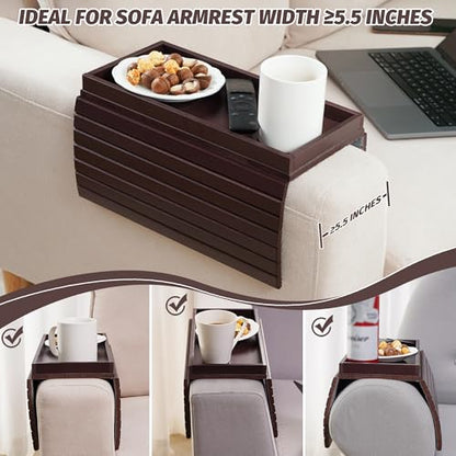 GEHE Bamboo Sofa Arm Tray, Foldable Couch Arm Tray Side Table, Anti-Falling Armrest Tables Cup Holder for Snacks, Drinks, Beers, Phone, Control, Flexible and Portable, Anti-Slip - color: Mahogany