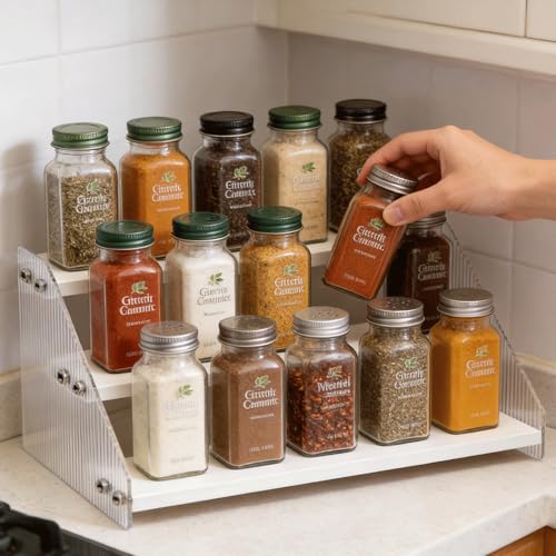 Tiered Spice Rack Organizer for Countertop & Cabinet, 3-Tier 12in Kitchen Seasoning Storage Shelf, Space Saving Standing Spice Organizer, Wooden & Acrylic, White - color: White, size: 3-Tier 12in