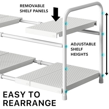 Simple Houseware Under Sink 2-Tier Heavy Duty Expandable Organizer, White | Adjustable Width 15.75–25 Inches with 4 Shelf Height Levels - color: White
