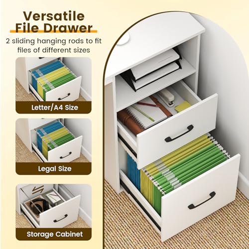 Giantex 48 Inch Computer Desk with Power Outlets & File Drawer, Home Office Desk with Monitor Stand, Gaming Desk with Storage Shelf, Modern Study Work Writing Table for Bedroom, Small Spaces, White