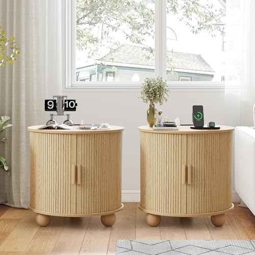 24" Fluted Round Nightstand Set of 2, Mid-Century Large Wooden End Table with Charging Station, Farmhouse Storage Side Table with Sliding Door for Bedroom Living Room (2XRound, Natural) - color: Natural, size: 24"-Round
