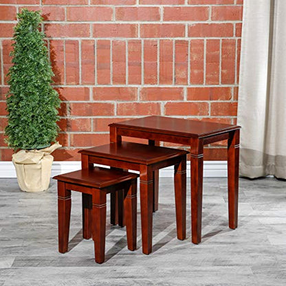 DTY Indoor Living 3-Piece Nesting Tables - Wooden Table Set of 3 for Living Room - Stackable Tables with Sleek Cherry Finish for Stylish and Space-Saving Home Furniture - color: Golden Design/Cherry Finish