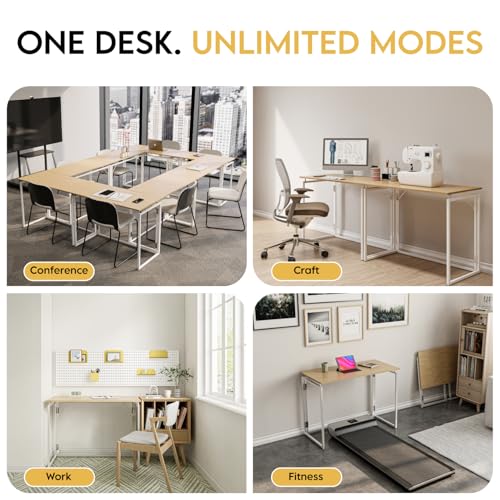 31.5" Folding Desk: No Assembly, Wood Top for Small Spaces | Home office desk, holds 150 lbs, folds flat to 2.3 in, splash-proof wood top, sturdy metal frame - color: Beige, size: 31.5"W x 15.7"D