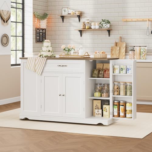 HOSTACK Kitchen Island Cart with Storage, 47'' Kitchen Storage Island on Wheels with 2 Drawers, Rolling Island Table with Adjustable Shelves, Mobile Buffet Sideboard Cabinet for Dining Room, White - style: White + Rustic Brown