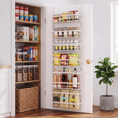 Apinol Over the Door Pantry Organizer, Adjustable 6 Tier Wide Storage Shelves with Hooks Fit Thin Doors Hold Spices Rack for Pantry Kitchen RV, White - color: White, size: 6-Tier