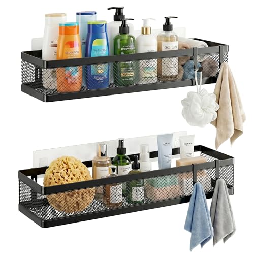 PUSDON 16.5-Inch Extra Long Slim Mesh Shower Caddy, Wall Mounted Bathroom Organizer with Adhesive, Heavy Duty Rustproof Shelf for Narrow Kitchen Pantry & RV, Holds 50 LBS 2-Pack - Matte Black Netting - color: Matte Black, size: Full Mesh (16.5" Extra Long