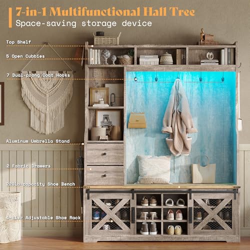 AMERLIFE 75"H 7-in-1 Farmhouse Hall Tree with Bench and shoe storage, LED Entryway Bench with Coat Rack, 12 Shoe Cubbies, 2 Drawers, Barn Doors & Adjustable Shelf, Mudroom Hallway Cabinet, Rustic Grey - color: Rustic Grey