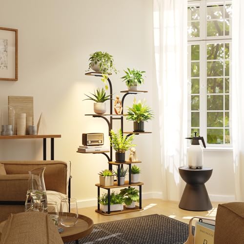 Tall Plant Stand with Grow Lights – 8 Tier 63" Metal and Wooden Indoor Flower Shelf Rack, Adjustable Large Corner Organizer for Living Room or Home Gardening Display - size: 63 inch, 8 tier
