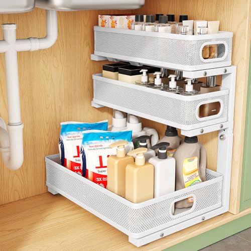 Kitstorack Under Sink Organizer, 1-Pack 3-Tier Height Adjustable Thickened Metal Pull out Cabinet Organizer Shelf, Slide out Storage Drawer Rack for Bathroom Kitchen Pantry Home Laundry Organization - color: White, size: 1 Pack