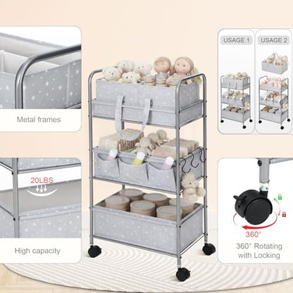 Yookeer 2in1 Baby Diaper Caddy Organizer Cart 3 Tier Large Capacity Metal Utility Bedside Rolling Cart with Divider Newborn Registry Gift Nursery Essential Must Have Bedroom Baby Shower(Gray,Star) - color: Gray, style: Star