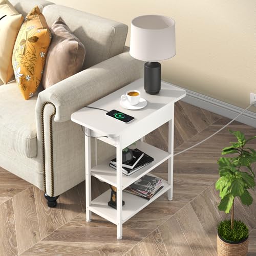 LIDYUK End Table with Charging Station, Flip Top Side Table with USB Ports and Outlets, Nightstand for Small Spaces, Bedside Tables with Storage Shelf for Living Room, Bedroom, White | Equipped with USB Ports and Outlets, Nightstand for Small Spaces, Beds