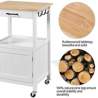 Yaheetech Kitchen Island Cart with Storage, Rolling Kitchen Island on Wheels with 6 Side Hooks, Wood Top Microwave Cart with Drawer for Dining Room, White - color: White