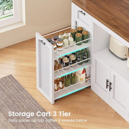 Itaar 71" Pantry Cabinet with Charging Station and LED Light, Kitchen Pantry Cabinet with Microwave Stand, 47.2" Wide Kitchen Storage Cabinets with Storage Cart 3 Tier for Dining Room, White - color: White