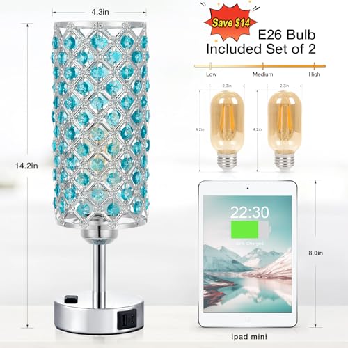 Hong-in Blue Crystal Lamp Touch Control Set of 2, Crystal Table Lamps with USB C+A Ports & AC Outlet, 3-Way Dimmable Nightstand Touch Lamp, Modern Bedside Table Lamp for Bedroom(Bulbs Included) - color: Blue