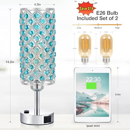 Hong-in Blue Crystal Lamp Touch Control Set of 2, Crystal Table Lamps with USB C+A Ports & AC Outlet, 3-Way Dimmable Nightstand Touch Lamp, Modern Bedside Table Lamp for Bedroom(Bulbs Included) - color: Blue