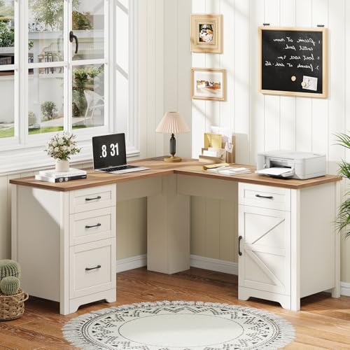 Halitaa 59” Farmhouse L Shaped Executive Desk with File Drawer, White-Brown | Home Office Desk with Power Outlets, Storage Cabinet, Wood Corner Sturdy Writing Workstation - color: White-brown, size: Cabinet on the Right