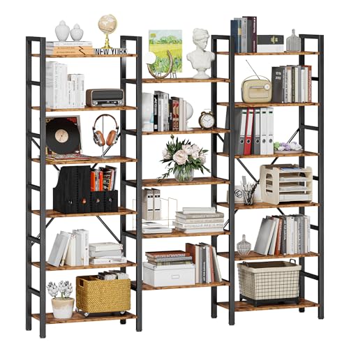IRONCK Bookshelves 6 Tiers Triple Wide Industrial Bookshelf, Large Etagere Bookshelf Open Display Shelves with Metal Frame for Living Room Bedroom Home Office - color: Vintage Brown, size: 6 Tiers