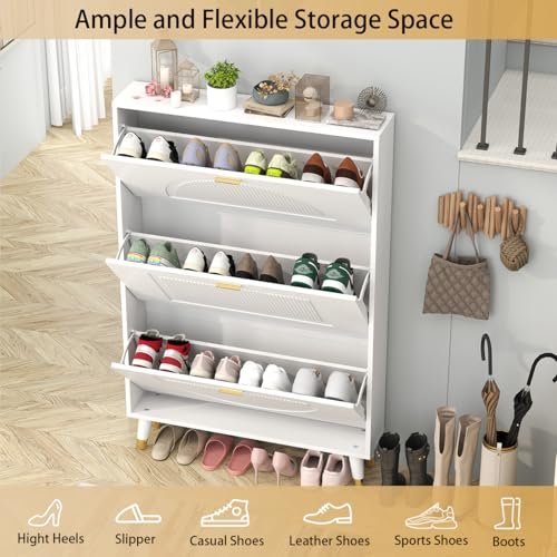 White Shoe Storage Cabinet: 32" Ultra Thin Small Shoe Cabinet for Entryway, Modern Slim and Narrow Hidden Shoes Rack Organizer with Doors and 3 Flip Drawer (1 Piece, 32") - size: 32"