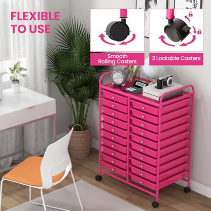 DREAMADE Rolling Cart with Storage Drawers, Utility Cart w/Removable Plastic Drawers, Lockable Wheels, Art Cart for Classroom Organization Art Supplies Office Scrapbook (20 Drawers, Hot Pink) - color: Hot Pink, style: 20 Drawers