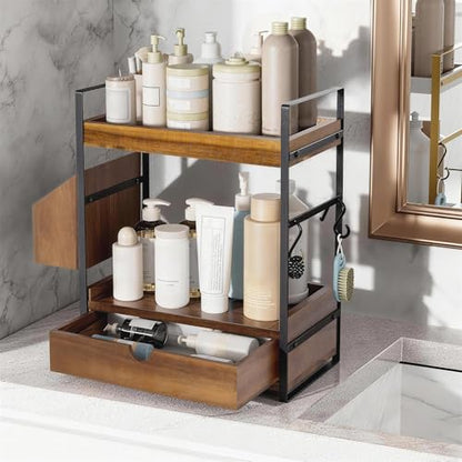 2-Tier Bathroom Counter Organizer, Acacia Wood Vanity Shelf with Drawer | Pre-Drilled Holes, Skincare & Makeup Countertop Organizer and storage, Acacia Dark Brown - color: Acacia wood-Dark Brown