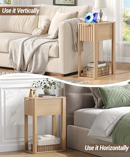 Akxomel Narrow Fluted Nightstands Set of 2, Wooden Slim Bedside Table with Charging Station, Mid-Century Modern Night Stand with Drawer and Open Shelf, Small Side End Table, for Bedroom, Natural Oak - color: Natural Oak