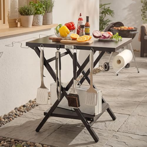 Feasto Outdoor Grill Table, Folding Prep Table, 30" x 24", Black | with Garage Rack & Tissue Holder, Foldable Pizza Oven Stand & Griddle Stand for Gathering and Party - color: Black