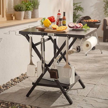 Feasto Outdoor Grill Table, Folding Prep Table, 30" x 24", Black | with Garage Rack & Tissue Holder, Foldable Pizza Oven Stand & Griddle Stand for Gathering and Party - color: Black