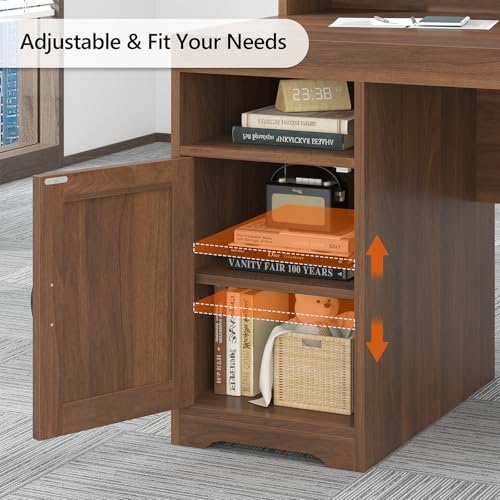 TVU Farmhouse Computer Desk with Drawers, 65'' Home Office Desk with Power Outlets, Storage Cabinet and Printer Stand, Study Writing Desks with Long Monitor Stand, Brown - color: Brown
