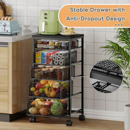Kitchen Storage Cart with Drawer, 5-Tier Fruit Vegetable Storage Cart, Kitchen Organizer and Storage Cart with Wheels, Wooden Top Metal Wire Pantry Storage Cart rack for Fruit Snack Onion Potato - size: 5-Tier Black