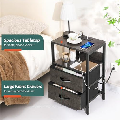 Yoobure Nightstand with Charging Station, LED Night Stand with Fabric Drawers and Storage Shelf for Bedroom, Nightstands Bedside Tables with USB Ports & Outlets, Small Night Stands, Bed Side Table - color: Charcoal Gray