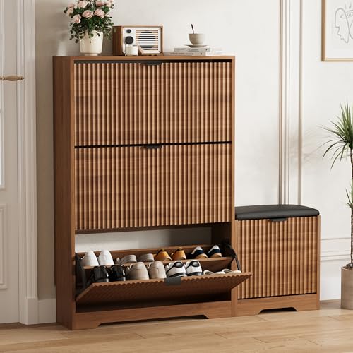 HUANLEGO Shoe Cabinet Storage for Entryway with 4 Flip Drawers, Walnut Fluted Shoe Cabinet with Bench, Wooden Hidden Shoe Rack Freestanding Narrow Slim Shoes Storage Organizer for Hallway, Entrance - color: Walnut, size: 4 Drawer with Bench