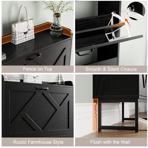 Nicetree Shoe Storage Cabinet with 2 Flip Drawers, Freestanding Shoe Organizer, Shoe Cabinet with Metal Legs, Narrow Shoe Rack Cabinet, Farmhouse Slim Shoe Cabinet for Entryway, Foyer, Hallway, Black - color: Black