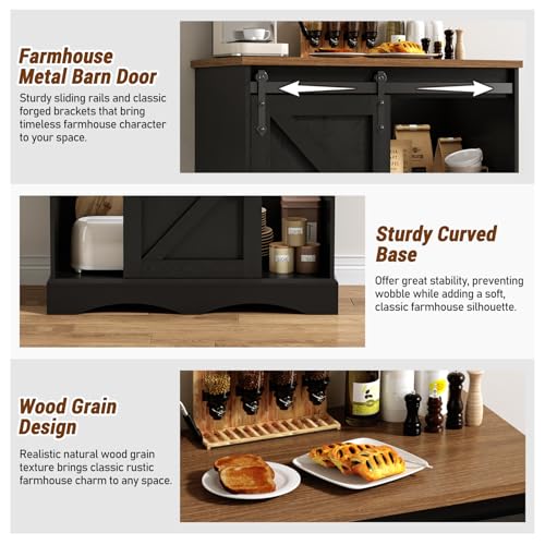 HOMFAMILIA 31.5" H Farmhouse Coffee Bar Cabinet w/Storage, White Kitchen Coffee Station with Sliding Barn Door, Rustic Buffet Cabinet with Adjustable Shelves, for Kitchen, Living Room, Black - color: Black