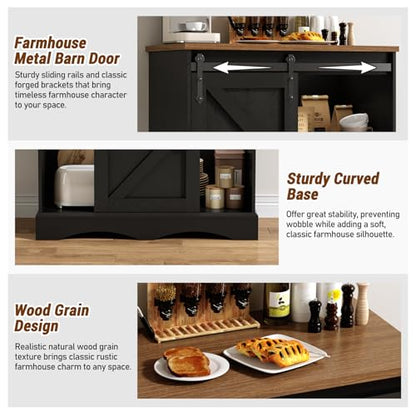 HOMFAMILIA 31.5" H Farmhouse Coffee Bar Cabinet w/Storage, White Kitchen Coffee Station with Sliding Barn Door, Rustic Buffet Cabinet with Adjustable Shelves, for Kitchen, Living Room, Black - color: Black