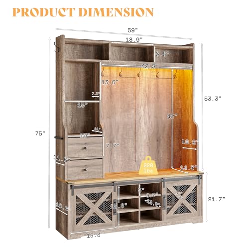 AMERLIFE 75"H 7-in-1 Farmhouse Hall Tree with Bench and shoe storage, LED Entryway Bench with Coat Rack, 12 Shoe Cubbies, 2 Drawers, Barn Doors & Adjustable Shelf, Mudroom Hallway Cabinet, Rustic Grey - color: Rustic Grey