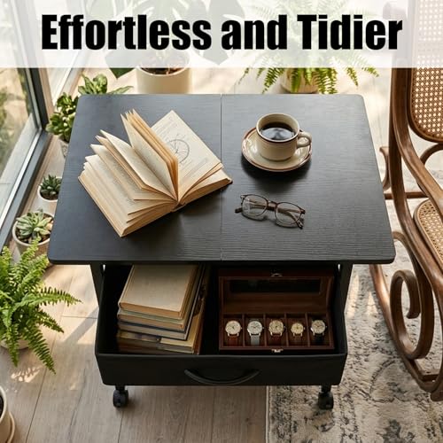 22" x 15" Under Desk Rolling Printer Stand, 2-Tier Industrial Mobile Printer Table with Strong Fabric Drawer, Storage Shelf, Steel Frame and Lockable Wheels, Printer Cart for Home Office (Black) - color: Black