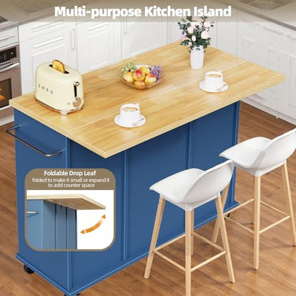 SUNLEI Rolling Kitchen Island Cart with Wheels, Island Table for Kitchen, Farmhouse Kitchen Cart with Drop Leaf & Towel Rack & Drawer, Kitchen Islands Table with Storage Cabinet, Blue - style: Blue