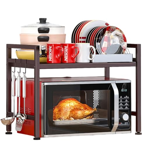 PUSDON Expandable Microwave Oven Rack, 2-Tier Countertop Baker's Rack Style Shelf, Heavy Duty Stand with 3 Hooks, 160lbs Capacity Rustic Farmhouse Decor, Vintage Bronze - color: Vintage Bronze, size: H-frame 2 tier