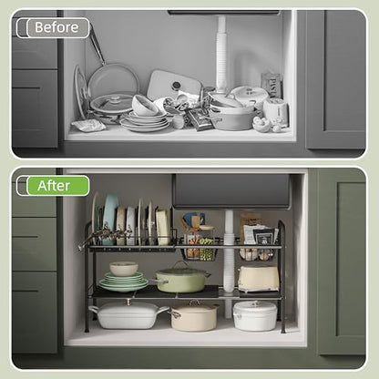 NETEL Adjustable Under Sink Organizers and Storage,Pots and Pans Organizer Under Kitchen Cabinet,Pan Lid Organizers inside Cabinet,Expandable Cabinet Storage Shelf with Pan Rack and 7 Dividers - size: Multi-functional with pot holder