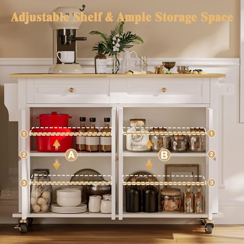 Kitchen Island with Drop Leaf, Rolling Mobile Kitchen Island on Wheels with Drawer and Storage Cabinet, Spice Rack, Towel Bar, White - size: 51.2" W, style: White